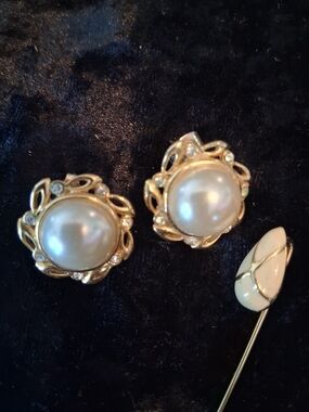 Napier Enamel Lapel Pin Gold-Tone Faux Pearl & Rhinestone Earrings.